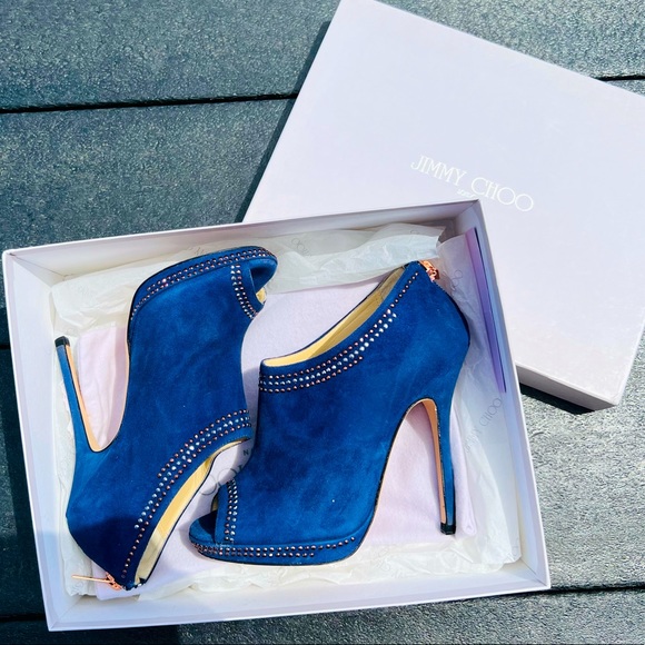 Jimmy Choo Shoes - JIMMY CHOO Glint 120 Sapphire Blue Suede Studded Peep Toe Pump Booties size 35.5